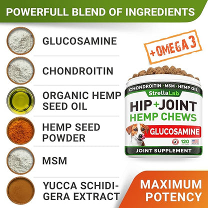 Advanced Hemp + Glucosamine Dog Joint Supplement - Hip Joint Pain Relief - Mobility Hemp Chews for Dogs - Chondroitin, MSM, Omega - Hemp Oil Treats - Made in USA - Lamb Flavor - 120 Hemp Treats