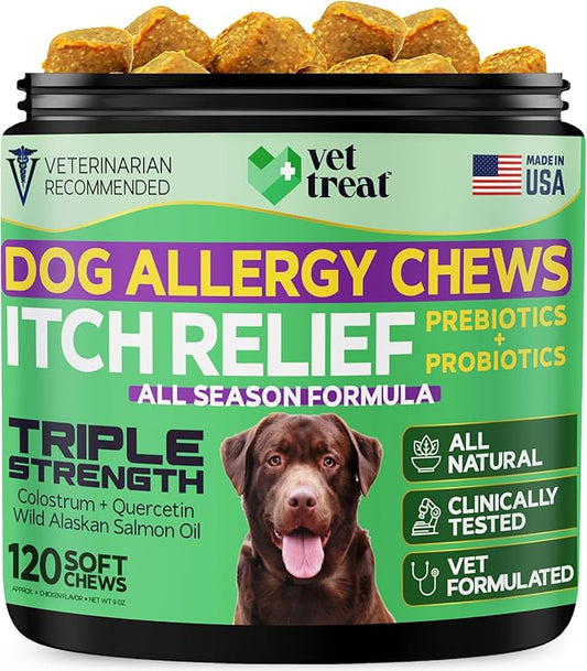 Dog Allergy Relief Chews -Made in USA- Probiotics & Salmon Oil - Itch Relief, Hot Spots, Dry Skin, Seasonal Allergy - Anti Itch Skin & Coat Supplement for Dogs - 120 Soft Treats (Chicken)