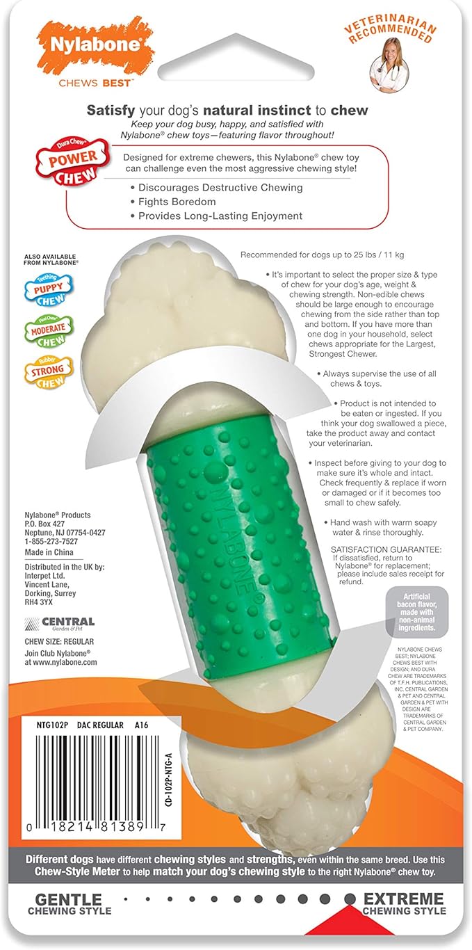 Nylabone Power Chew Double Action Barbell Bone Chew Toy, Durable Dog Toy, Bacon Flavor, Small - Up to 25 lbs. (1 Count)