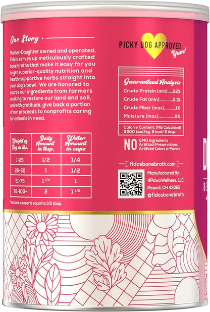 Fido's Digestion Bone Broth for Dogs - Grass-Fed Beef Bone Broth Powder & Organic Herbs - Supports Digestion & Gut Health - Dog Food Topper for Dry Food - 60 Scoops