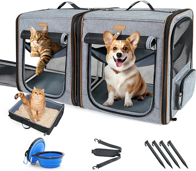 Lekereise 2-in-1 Cat,Dog Carrier for Small Medium Large Pets up to 45 Lbs, (20.85"*2)*19.7"*19.7" Car Travel Carrier with Litter Box, Bowl, and Locking Zipper - Dark Gray