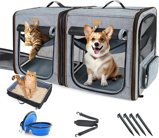 Lekereise 2-in-1 Cat,Dog Carrier for Small Medium Large Pets up to 45 Lbs, (20.85"*2)*19.7"*19.7" Car Travel Carrier with Litter Box, Bowl, and Locking Zipper - Dark Gray