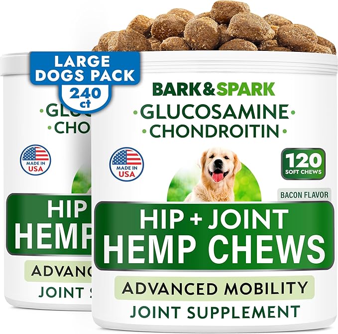 Hemp Chews Dogs Hip Joint Pain Relief - Glucosamine Chondroitin Hemp Treats for Joint Health - Dog Joint Supplement Large Breed & Small - Hemp Oil Pill - Canine Vitamin Treat Old Dog (240Ct/Bacon)