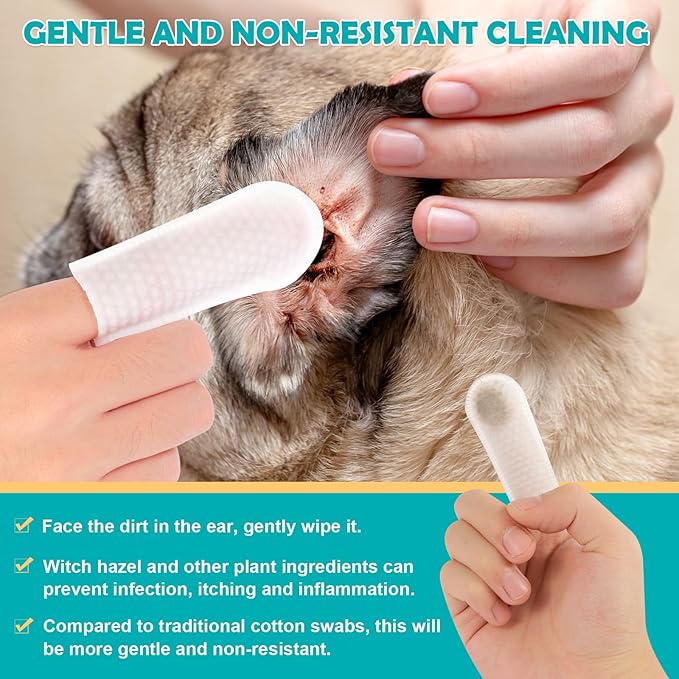 Dog Ear Wipes.Ear Cleansing Finger Wipes for Cats & Rabbit | Sooths & Deodorizes |Grooming Kit Care for Pets Ears. 50 Disposable Wipes.