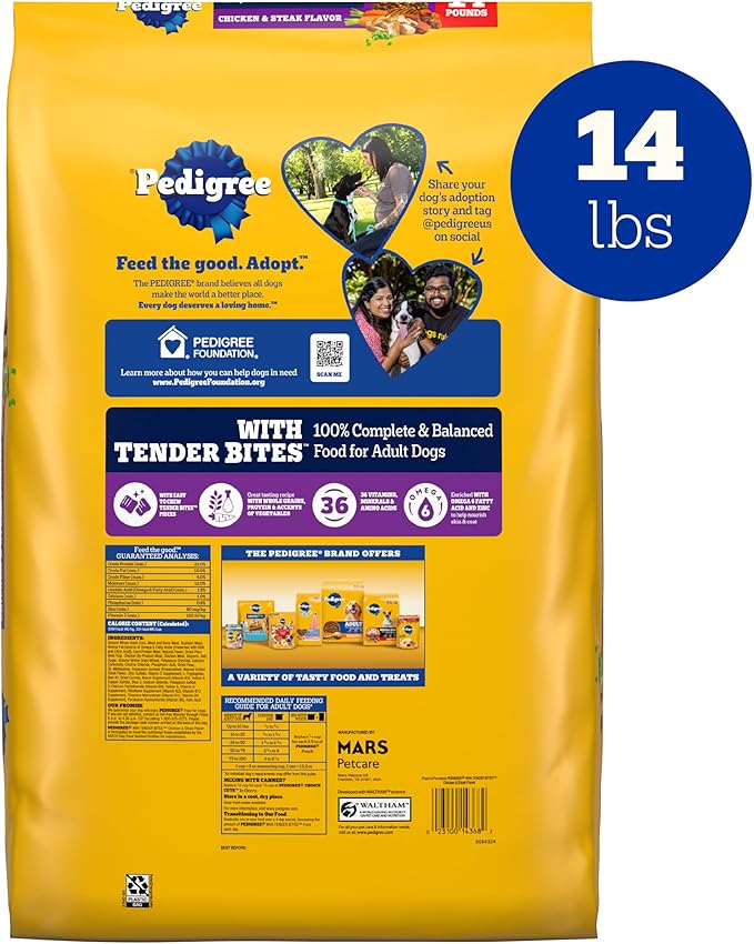 Pedigree with Tender Bites Complete Nutrition Adult Dry Dog Food, Chicken & Steak Flavor, 14 lb. Bag