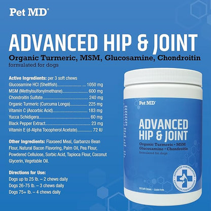 Pet MD Glucosamine for Dogs | Dog Joint Supplement with Glucosamine, Chondroitin & MSM - Inflammatory Pain Relief Chews for Hip & Joints - Bacon Flavored - includes Yucca & Turmeric - 120 Ct