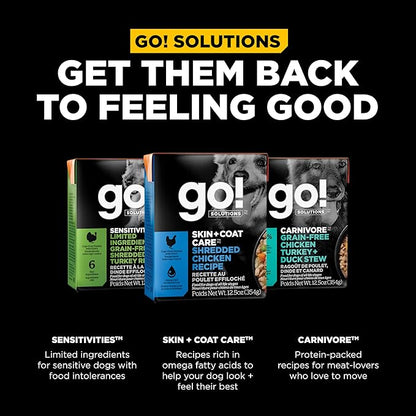 GO! SOLUTIONS Skin + Coat Care Wet Dog Food - Shredded Chicken Recipe with Grains - Complete & Balanced Nutrition for All Life Stages, 12.5 oz