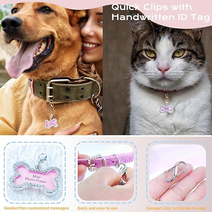 2 Pack Dog Tag Clips, Stainless Steel Double Opening Pet Tag Quick Clip with Tag Ring + Bone Shape Dog ID Tag, Metal Pet Nametag Holder for Dog Cat Collars Harnesses