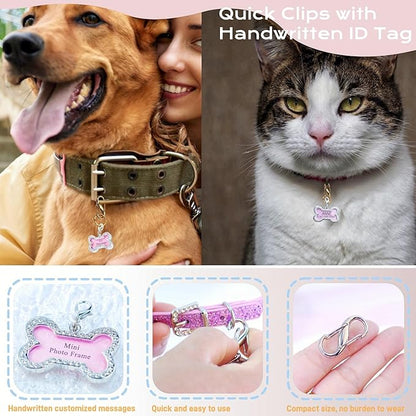 2 Pack Dog Tag Clips, Stainless Steel Double Opening Pet Tag Quick Clip with Tag Ring + Bone Shape Dog ID Tag, Metal Pet Nametag Holder for Dog Cat Collars Harnesses