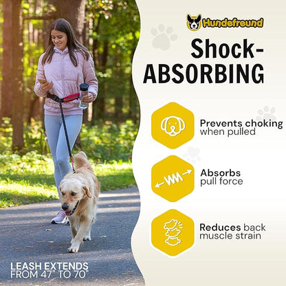 Hands Free Dog Leash for Running Walking Hiking for Medium and Large Dogs (30-150 lbs) with Adjustable Waist Belt, Zipper Pouch, Reflective Retractable Bungee, Dual Handles Red