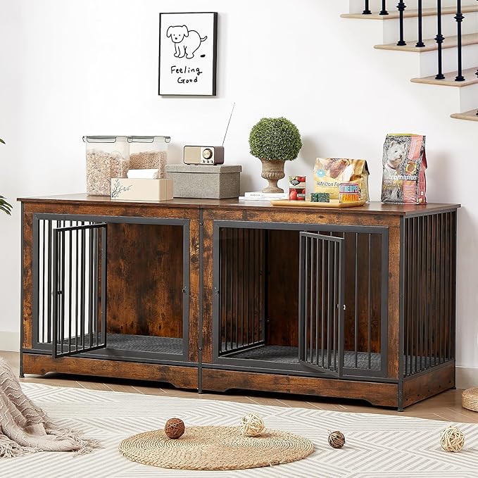 75'' Double Dog Crate Furniture for 2 Large Dogs, Heavy Duty Dog Crate, Furniture Style Dog Crate End Table, Wood Crates for Dogs Kennel Indoor, Decorative Dog Crate with Double Door, Brown