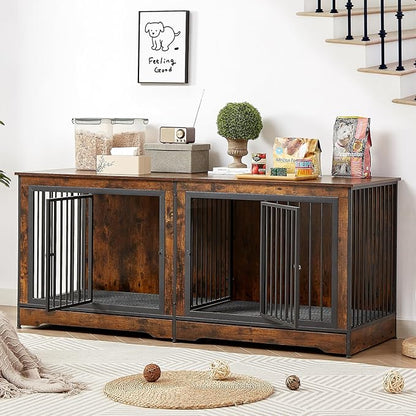 75'' Double Dog Crate Furniture for 2 Large Dogs, Heavy Duty Dog Crate, Furniture Style Dog Crate End Table, Wood Crates for Dogs Kennel Indoor, Decorative Dog Crate with Double Door, Brown