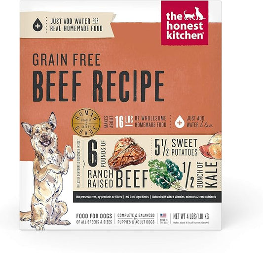 The Honest Kitchen Human Grade Dehydrated Grain Free Dog Food – Complete Meal or Dog Food Topper – Beef 4 lb (makes 16 lbs)