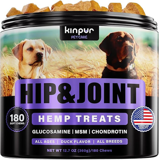 Hemp Joint Supplement for Dogs - Dog Joint Supplement with Glucosamine, Chondroitin, MSM - Supports Hip and Joint Heath, Better Mobility, Skin and Coat - For All Breeds and Ages - 180 Dog Chews, Duck