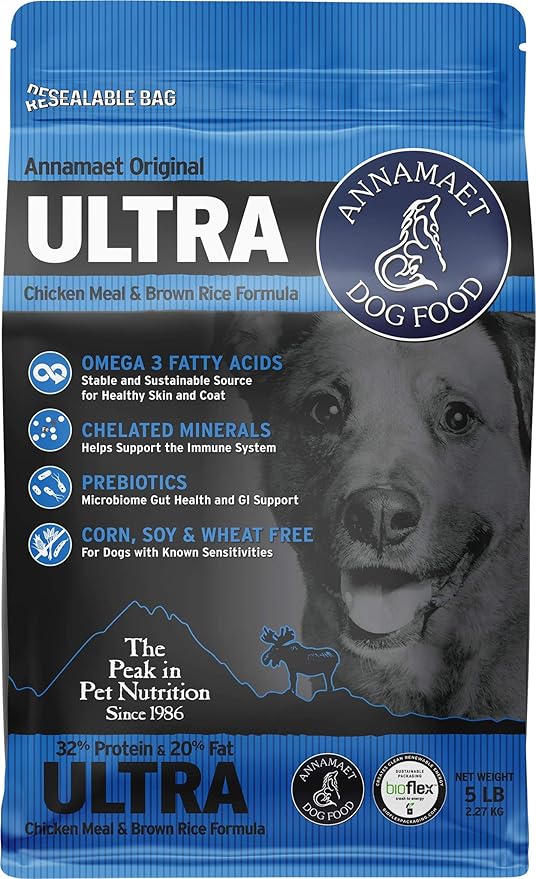 Annamaet Original Ultra Formula Dry Dog Food, 32% Protein (Chicken & Brown Rice), 5-lb Bag