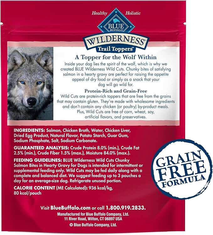 Blue Buffalo Wilderness Trail Toppers Wild Cuts High Protein Natural Wet Dog Food, Chunky Salmon Bites in Hearty Gravy 3-oz pouches (Pack of 24)