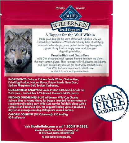 Blue Buffalo Wilderness Trail Toppers Wild Cuts High Protein Natural Wet Dog Food, Chunky Salmon Bites in Hearty Gravy 3-oz pouches (Pack of 24)