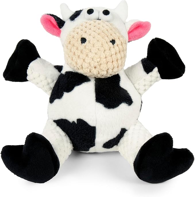 goDog Checkers Sitting Cow Squeaky Plush Dog Toy, Chew Guard Technology - White, Small