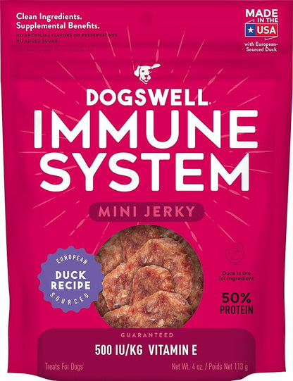 DOGSWELL Jerky for Immunity & Defense – Mini Grain Free Dog Jerky Treat and Immune System Support (4 oz. Duck),29244