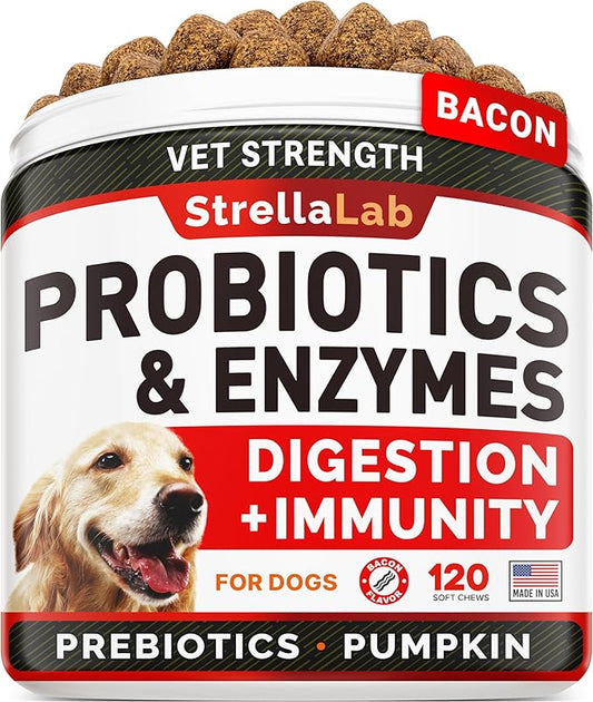 StrellaLab Vet Strength Dog Probiotics Treats - 1 Billion CFU + Digestive Enzymes + Prebiotics - Chewable Fiber Supplement w/Pumpkin - Allergy, Diarrhea, Gas, Constipation, Upset Stomach Relief