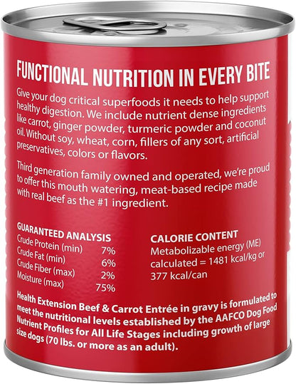 Health Extension Gravy Dog Food, Beef & Carrot Entrée, Crude Protein, Fiber & Fat with Added Vitamins, for All Life Stages, Wet Dog Food, Improve Gut Health, Digestive Support (9 Ounce, 12 Cans)
