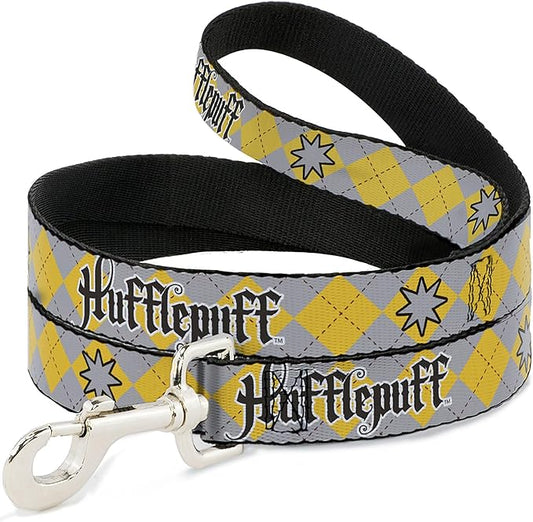 Warner Bros. Pet Leash, Dog Leash, Harry Potter Hufflepuff Stars Argyle Plaid Gray Gold Browns, 4 Feet Long 0.5 Inch Wide