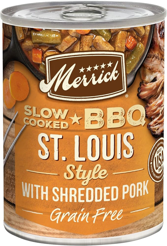 Merrick Slow-Cooked BBQ Premium Real Meat Grain Free Canned Adult Dog Food, St. Louis Style With Shredded Pork - (Pack of 12) 12.7 oz. Cans