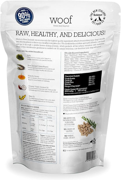 WOOF Beef Freeze Dried Raw Dog Food, Mixer, or Topper, or Treat - High Protein, Natural, Limited Ingredient Recipe 2.2 LB