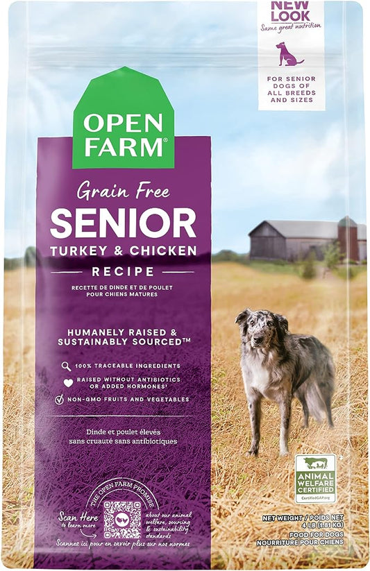 Open Farm Senior Grain-Free Dry Dog Food, Certified Humane Poultry Recipe for Older Dogs with Non-GMO Superfoods and No Artificial Flavors or Preservatives, 4 lbs