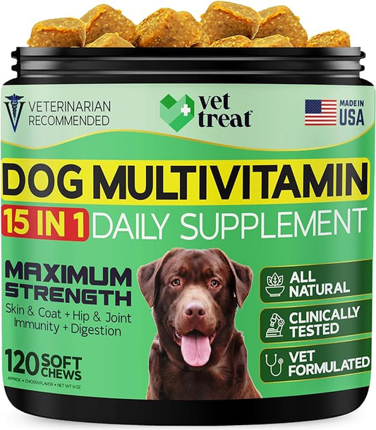 Dog Multivitamin Chewable with Glucosamine -Made in USA- Puppy & Senior Supplement - 120 Treats - Dog Vitamins and Supplements - Skin, Heart, Immunity, Hip & Joint Support + Salmon Oil + Probiotics