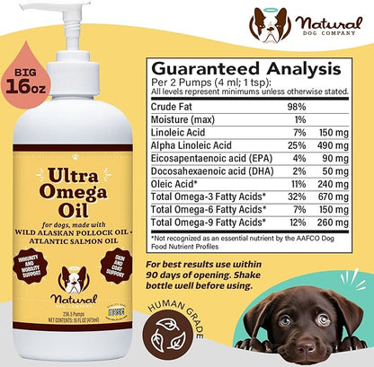 Natural Dog Ultra Omega 3 Fish Oil for Dogs 16oz, Dog Fish Oil Supplement for Shedding, Itch Relief, Supports Dry Skin, Joints, Omega 6 & 9 Fish Oil Dogs, Flax, Pollock, Salmon Oil for Dogs