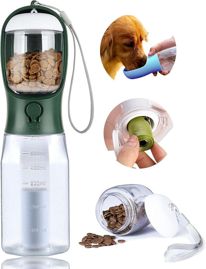Dog Water Bottle with Food Container, Portable Pet Dog Water Dispenser for Outdoor Walking,Hiking,Travel,Puppy Essentials,Puppy Supplies,Replaceable Waste Bags