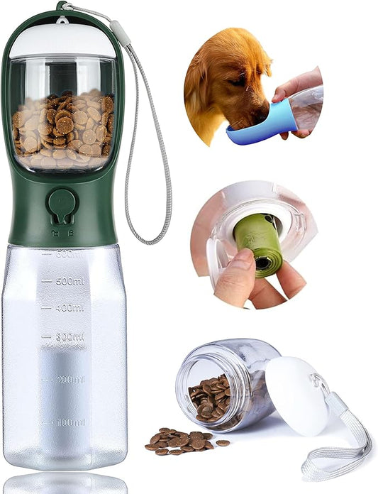 Dog Water Bottle with Food Container, Portable Pet Dog Water Dispenser for Outdoor Walking,Hiking,Travel,Puppy Essentials,Puppy Supplies,Replaceable Waste Bags