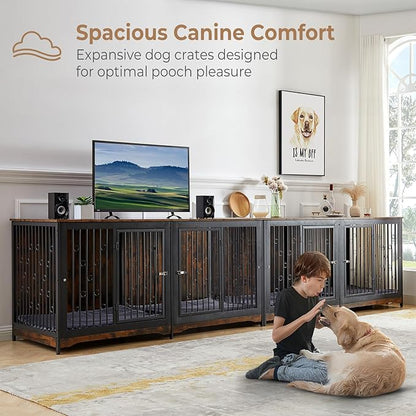 70.86'' Dog Crate Furniture Large Breed TV Stand with Cushion & Double Rooms,Wooden Dog Kennel Dog Crate End Table with Removable Divider for Large Medium Dogs, Brown