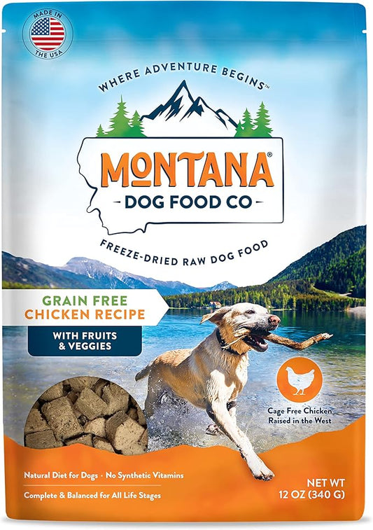 Montana Dog Food Freeze Dried Raw Dog Food Topper (Cage-Free Chicken) – Made in USA, Prebiotics & Probiotics, No Synthetic Vitamins, Dog Food Topper or Complete Meal (12 oz)