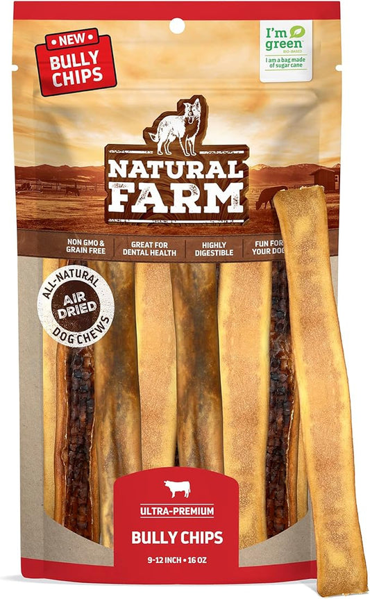 Natural Farm Bully Chips (9-12 Inch, 16 Oz.), Digestible Beef Cheek from Grass-Fed Cows, Non-GMO, Grain-Free, Natural Long-Lasting Dog Chews for Small, Medium & Large Dogs, Great Rawhide Alternative