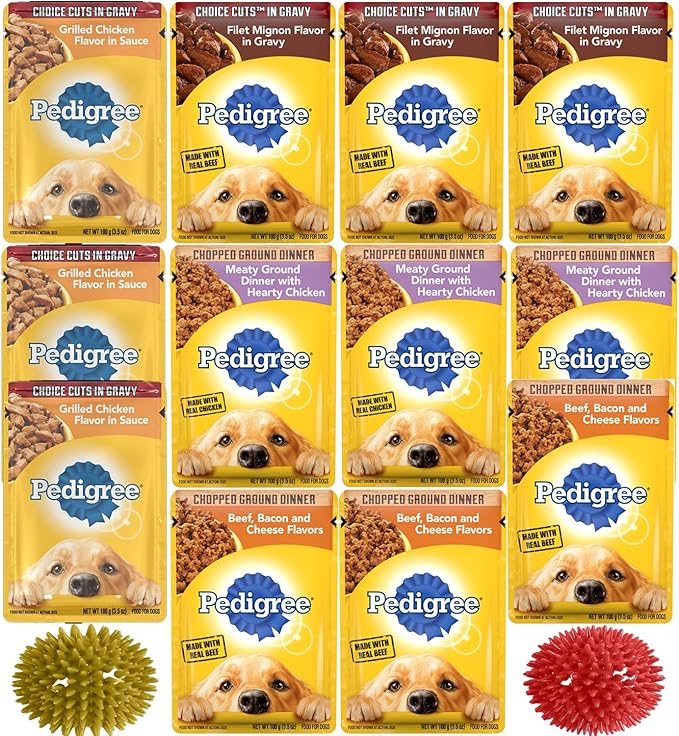Dog Food Wet Pouches - 12 Pouches 4 Flavors Dog Wet Food - Beef, Bacon, Cheese Flavor, Hearty Chicken & Grilled Chicken Flavor & Filet Mignon Flavor - 2 Toys
