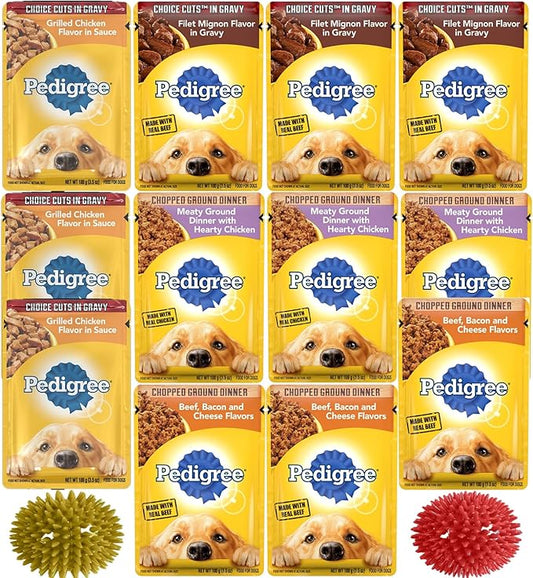 Dog Food Wet Pouches - 12 Pouches 4 Flavors Dog Wet Food - Beef, Bacon, Cheese Flavor, Hearty Chicken & Grilled Chicken Flavor & Filet Mignon Flavor - 2 Toys