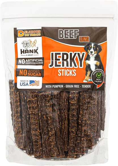 Hank & Harley Jerky Sticks Beef Lung 1 lb - USA Lean Protein Soft Dog Treats with Pumpkin. 100% Natural, NO Added Sugar, Flour or fillers. Ideal for finicky Pets