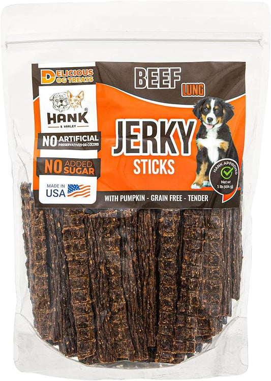 Hank & Harley Jerky Sticks Beef Lung 1 lb - USA Lean Protein Soft Dog Treats with Pumpkin. 100% Natural, NO Added Sugar, Flour or fillers. Ideal for finicky Pets