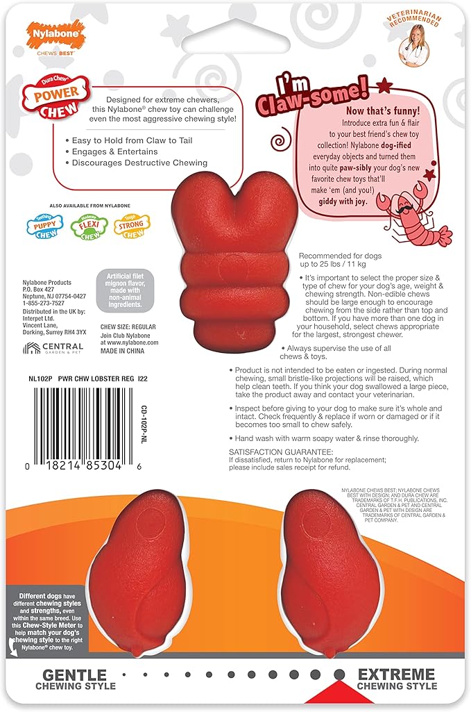 Nylabone Lobster Dog Toy Power Chew – Cute Dog Toys for Aggressive Chewers – with a Funny Twist! Filet Mignon Flavor, Small/Regular