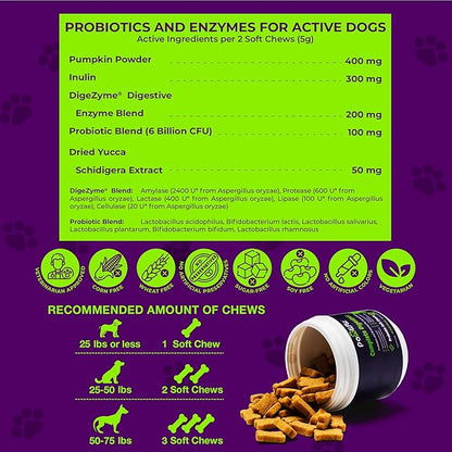 Probiotics and Digestive Enzymes for Dogs - Gut Flora, Digestive Health, Diarrhea & Bowel Support - Functional Dog Supplement Soft Chews for Immune System Boost with Pumpkin