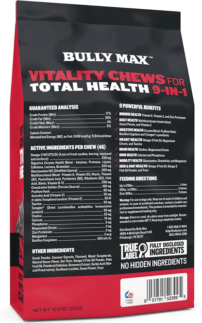Bully Max 9-in-1 Total Health Dog Chews - Puppy & Adult Dog Multivitamin - Omega 3 Vitamin Supplements for Immunity, Brain, Heart, Joint & Digestive Health for All Breeds - 75 Soft Chews per Bag