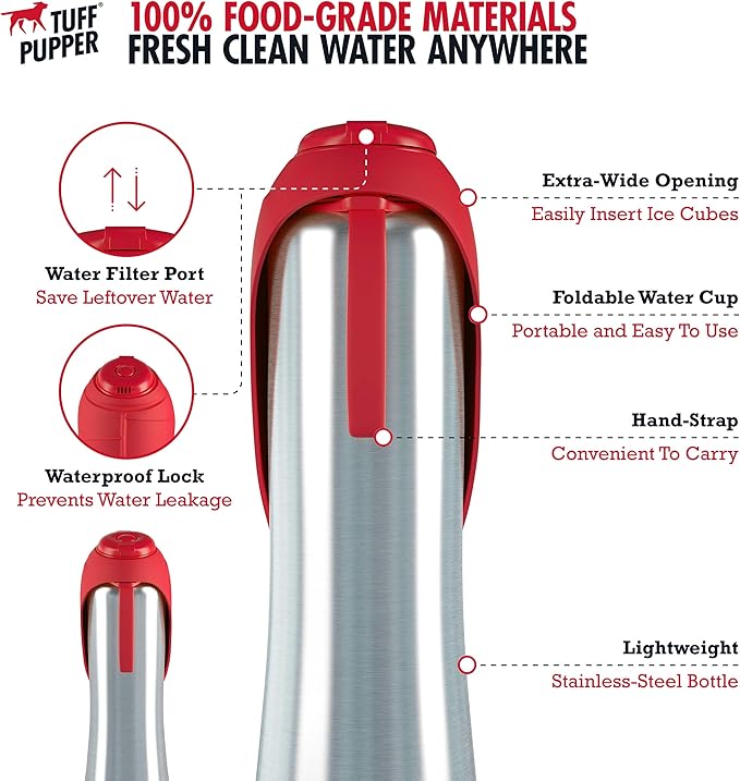 PupFlask Large Dog Water Bottle | 27 or 40 OZ Stainless Steel | Convenient Dog Water Dispenser | Puppy Travel Water Bowl | Portable Pet Water Bottle | Leak Proof Bottle Perfect Size For All Dog Breeds
