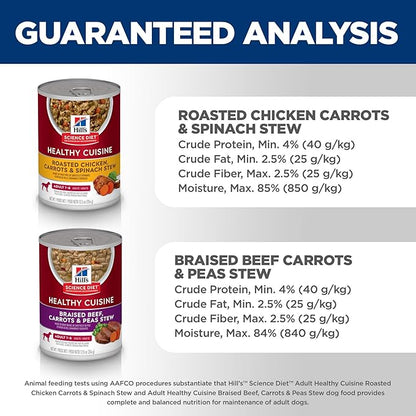 Hill's Science Diet Healthy Cuisine, Adult 1-6, Great Taste, Wet Dog Food, Variety Case: Roasted Chicken, Carrots & Spinach; Braised Beef , Carrots & Peas Stew, 12.5 oz Can Variety Case, Case of 12