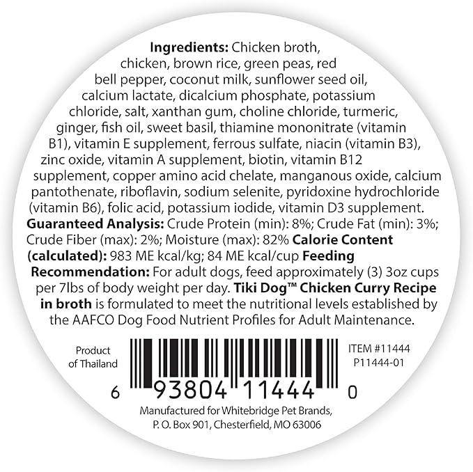 Tiki Dog Taste of The World - Dog Wet Food - Whole Foods - Thailand! Chicken Curry - 3 oz Cup