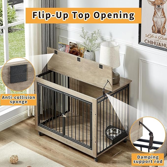 39" Dog Crate Furniture with Rotatable Bowls, Wooden Dog Crate End Table, Decorative Heavy Duty Dog Kennel Furniture Indoor with Double Doors 4 Wheels