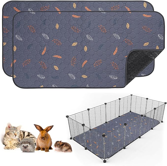 2 Pack Washable Guinea Pig Pee Pads, 24" x 48" Waterproof Reusable Guinea Pig Cage Liners, Absorbent Bedding Training Mat for Small Animal Guinea Pigs Rabbit Bunny Hamster (Leaves - Deep Grey)