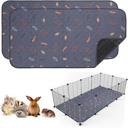 2 Pack Washable Guinea Pig Pee Pads, 24" x 48" Waterproof Reusable Guinea Pig Cage Liners, Absorbent Bedding Training Mat for Small Animal Guinea Pigs Rabbit Bunny Hamster (Leaves - Deep Grey)