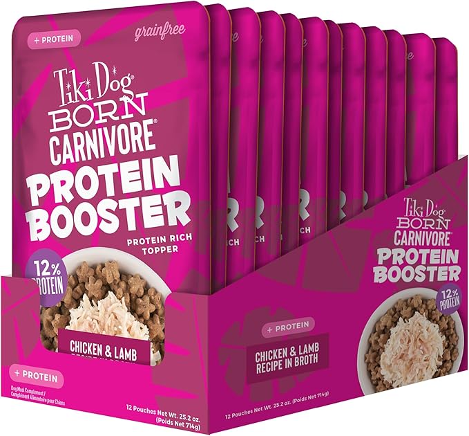 Tiki Dog Born Carnivore Protein Booster Dog Food Topper, Chicken and Lamb Recipe in Broth, 2.1 oz. Pouch (12 Count)